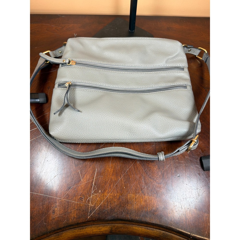 Kate & Alex Cuffaro Gray Pebbled Vegan Leather‎ Triple Zip Crossbody Bag Womens